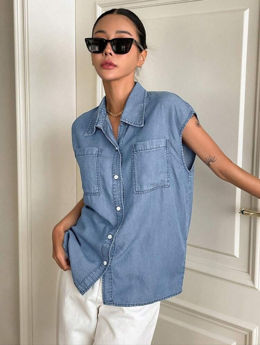 Sleeveless Light Blue Denim Button-Down Shirt
